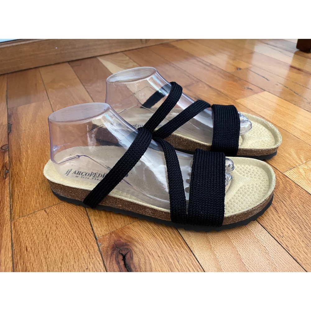 Arcopedico Womens Vega Slides Sandals Black Knit Strappy Low Flat 10.5-11/EUR 42